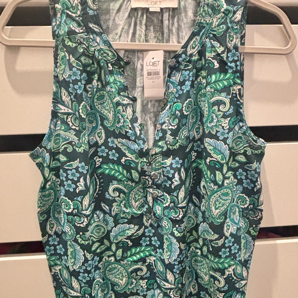 LOFT Green Ruched Mandarin Collar Blouse